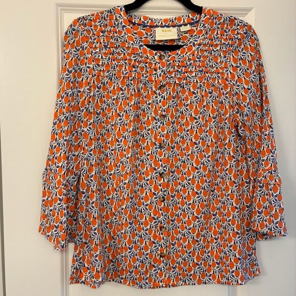 ANTHROPOLOGIE MAEVE Button Up Print Blouse Orange Blue Women’s Size Small - Picture 1 of 6